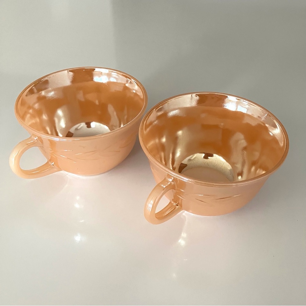 Vintage Fire King Peach Lustre tea cup set of 2 laurel leaf design